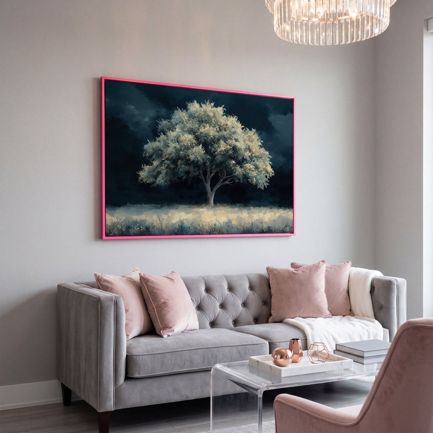 Solitary Tree in Indigo Landscape Canvas in pink floating frame