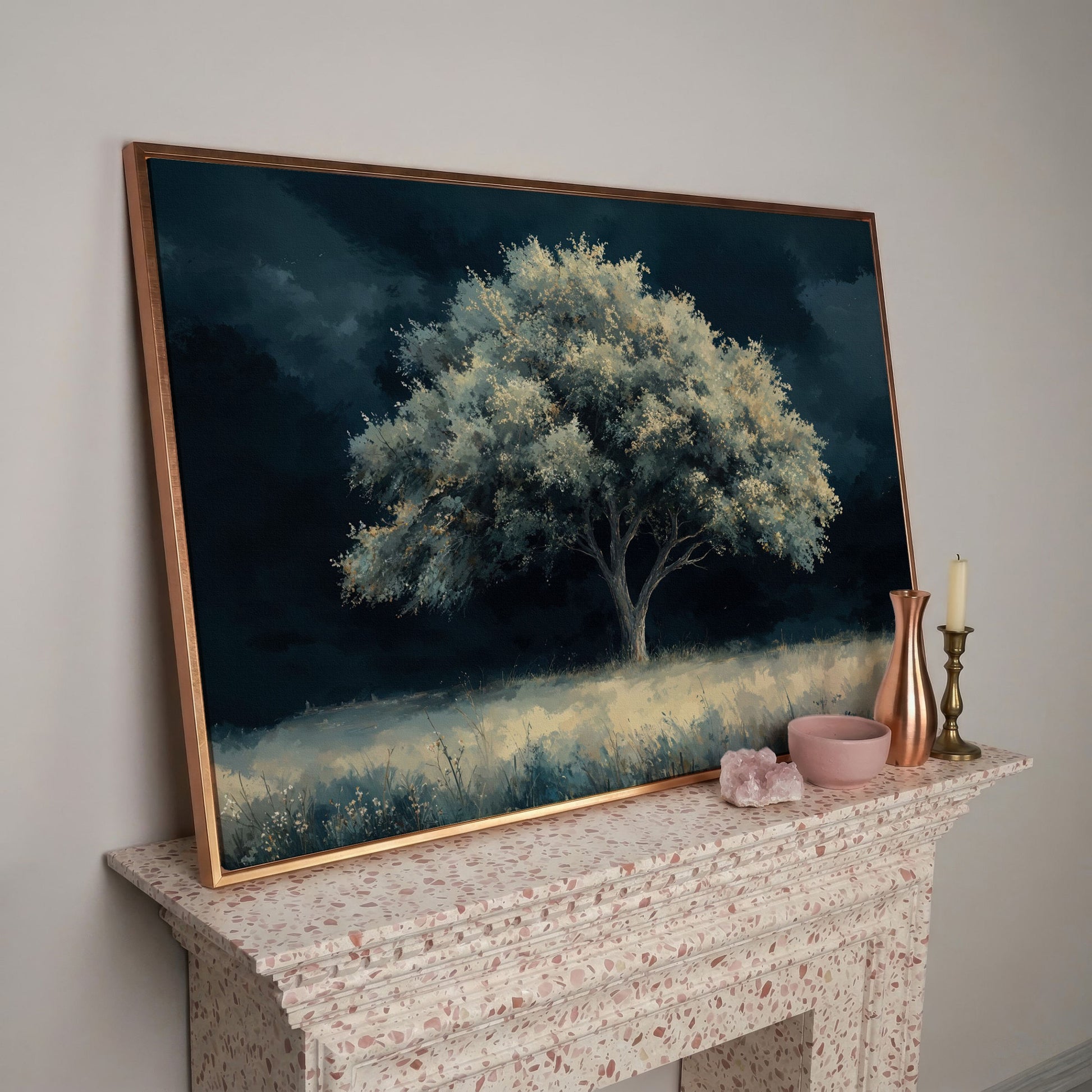 Solitary Tree in Indigo Landscape Canvas in rose gold floating frame