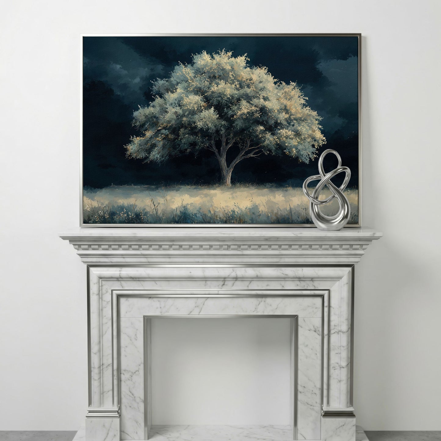Solitary Tree in Indigo Landscape Canvas in silver floating frame