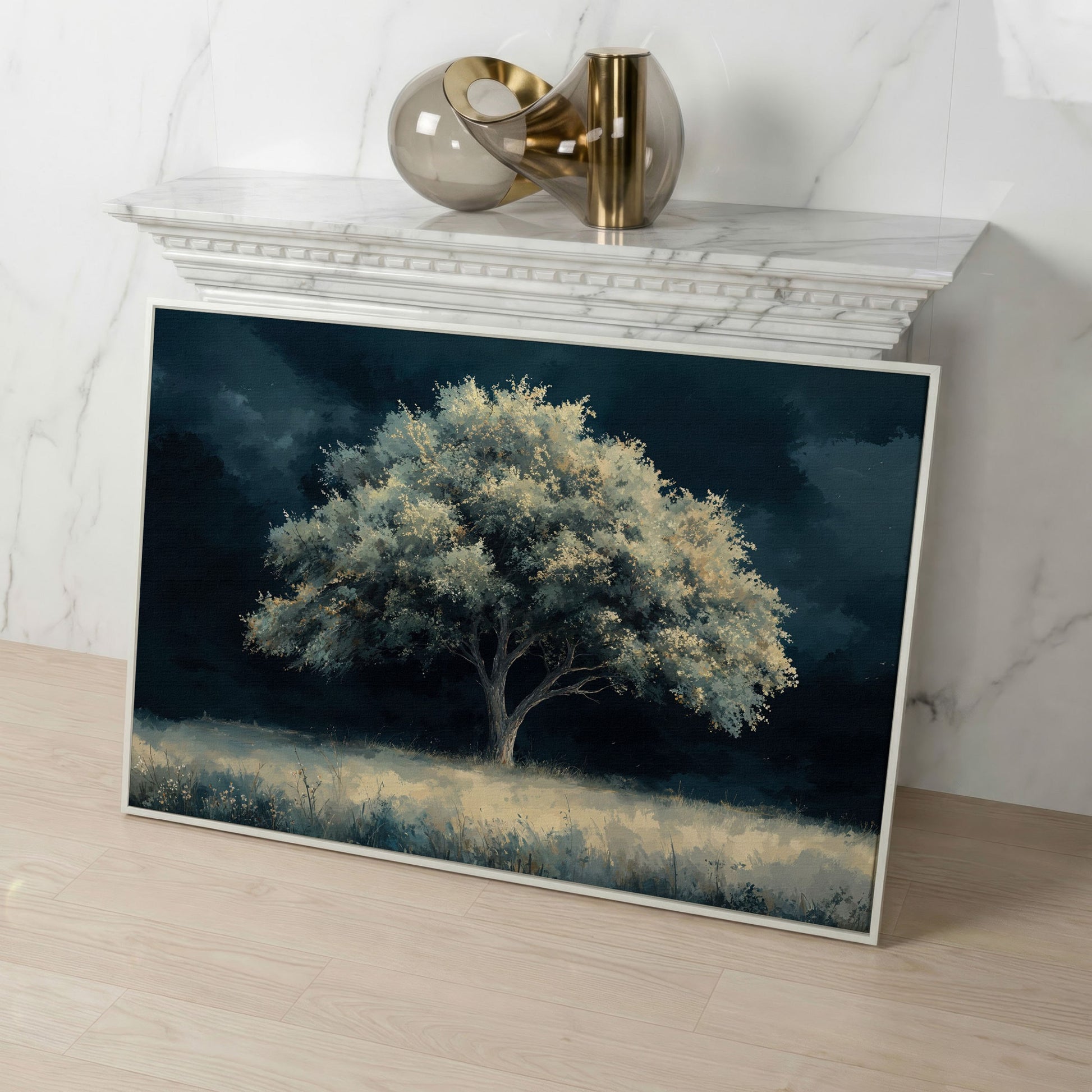 Solitary Tree in Indigo Landscape Canvas in white floating frame