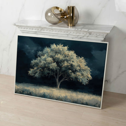 Solitary Tree in Indigo Landscape Canvas in white floating frame