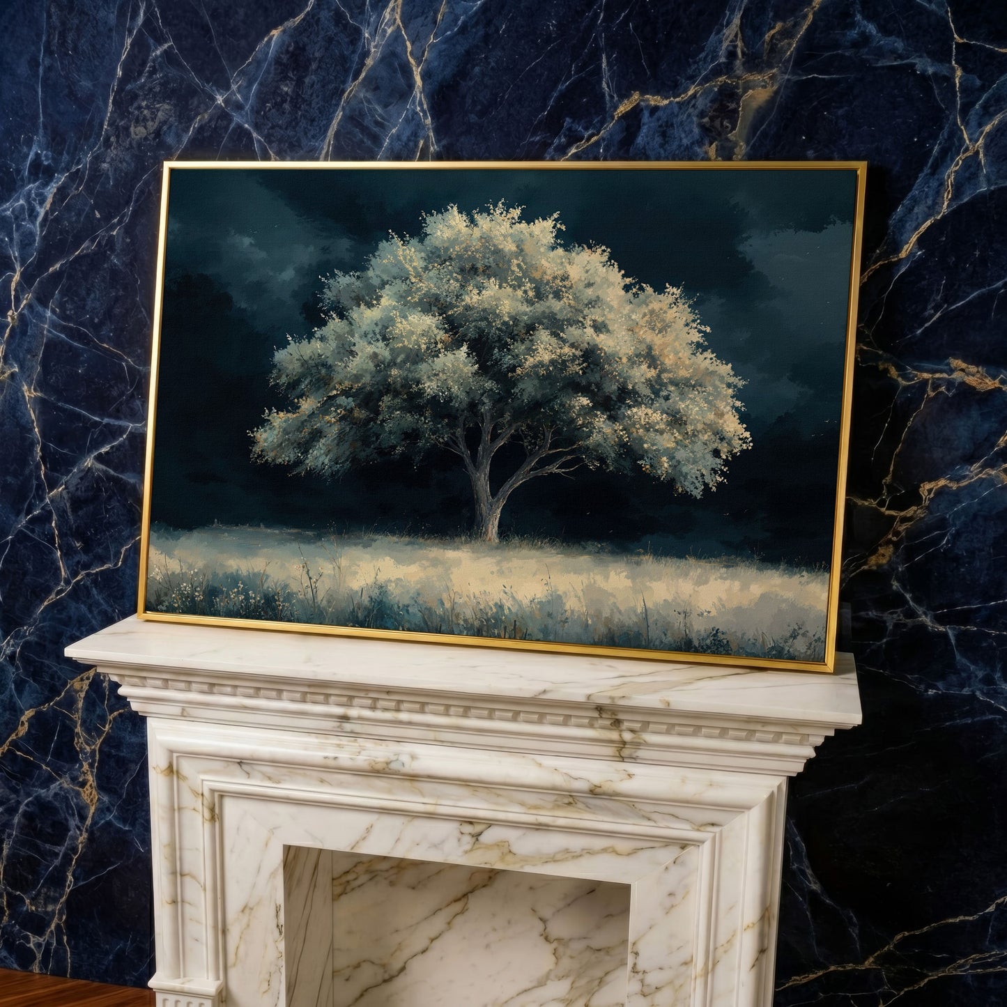 Solitary Tree in Indigo Landscape Canvas in yellow gold floating frame