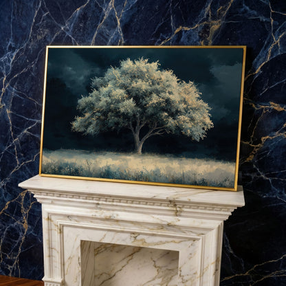 Solitary Tree in Indigo Landscape Canvas in yellow gold floating frame