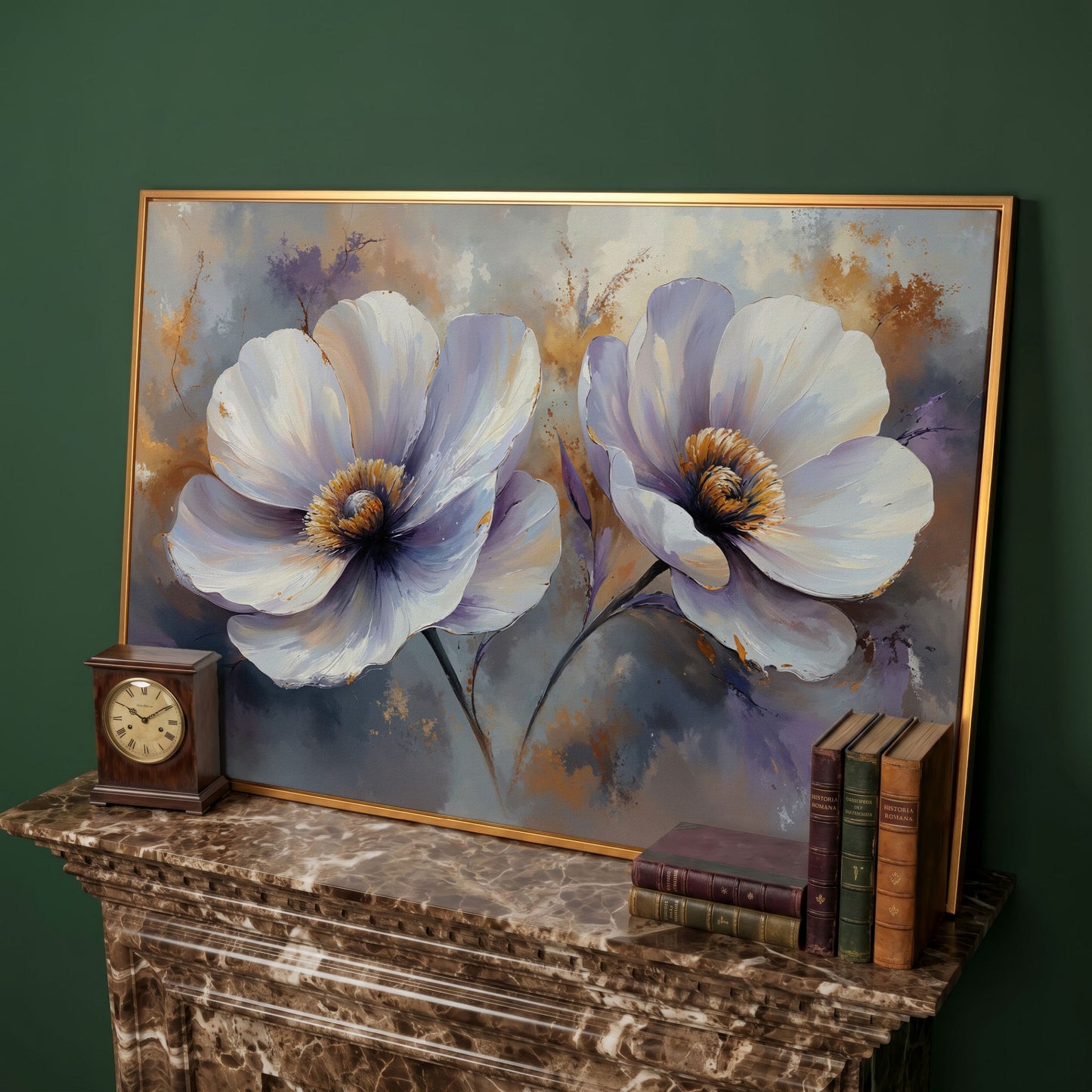 White and Purple Floral Canvas Print with Gold Accents in antique gold floating frame