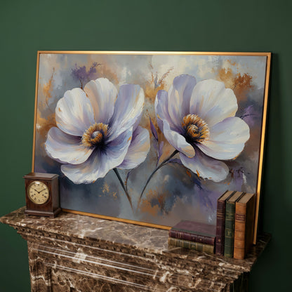 White and Purple Floral Canvas Print with Gold Accents in antique gold floating frame