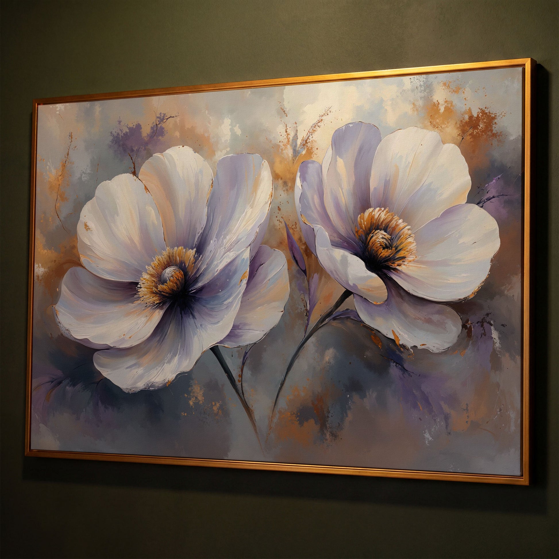 White and Purple Floral Canvas Print with Gold Accents shown in antique gold floating frame