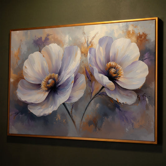 White and Purple Floral Canvas Print with Gold Accents shown in antique gold floating frame