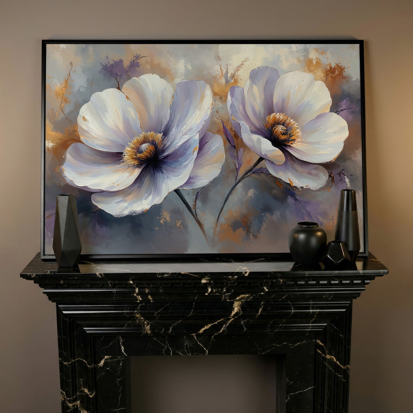 White and Purple Floral Canvas Print with Gold Accents in black floating frame