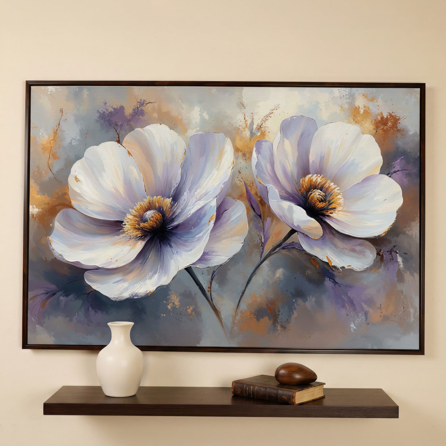 White and Purple Floral Canvas Print with Gold Accents in dark walnut floating frame
