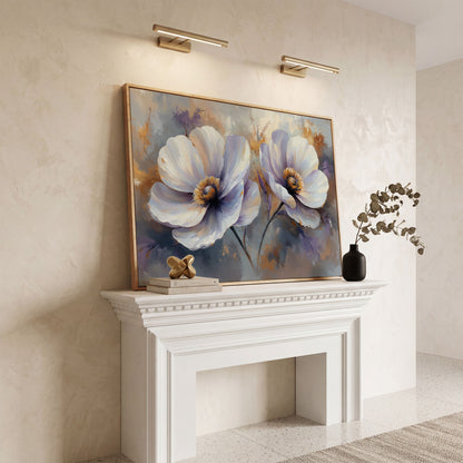 White and Purple Floral Canvas Print with Gold Accents in white oak floating frame