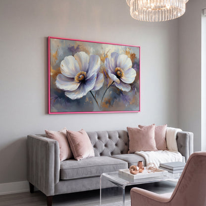 White and Purple Floral Canvas Print with Gold Accents in pink floating frame