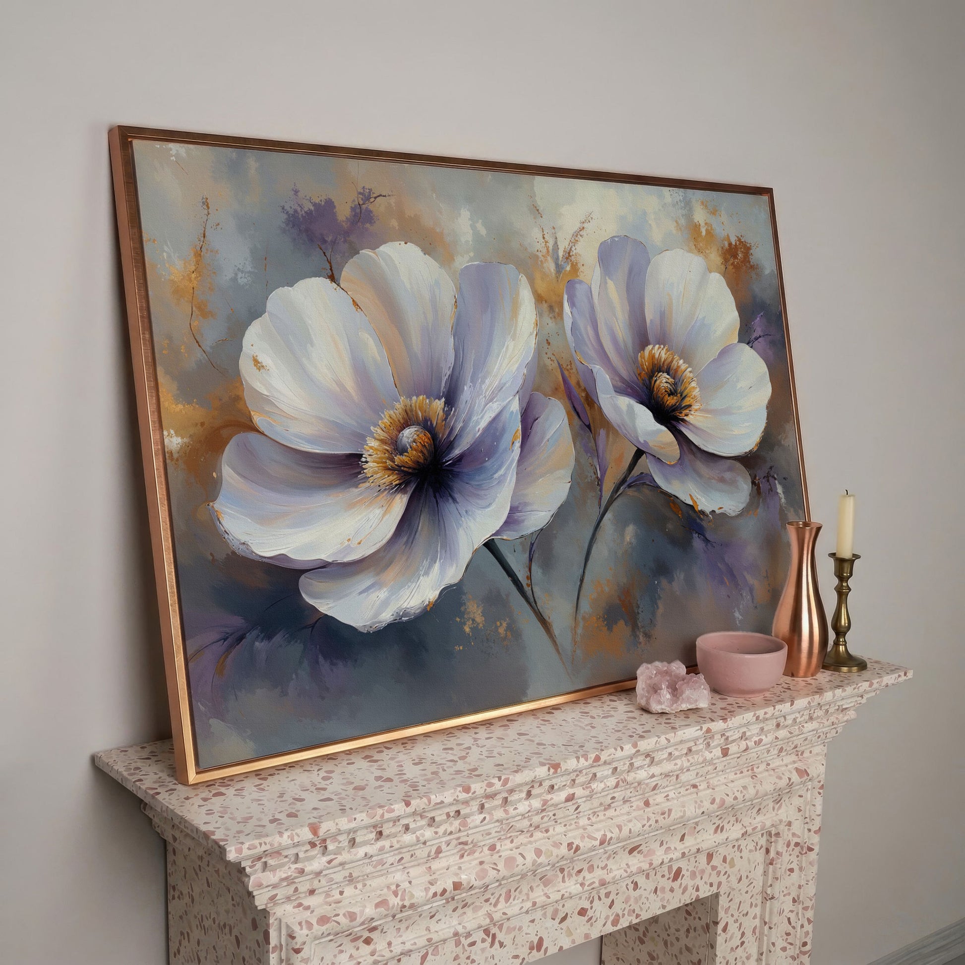 White and Purple Floral Canvas Print with Gold Accents in rose gold floating frame