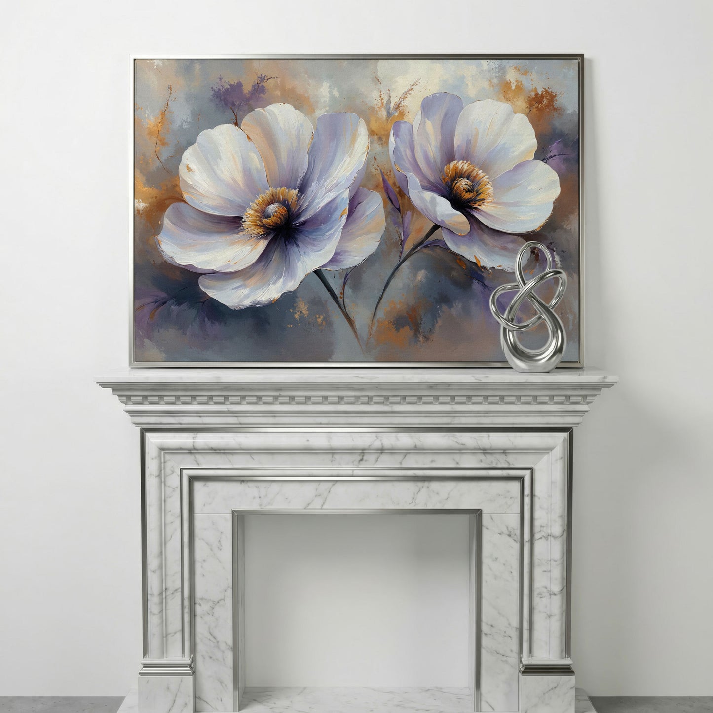 White and Purple Floral Canvas Print with Gold Accents in silver floating frame