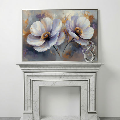 White and Purple Floral Canvas Print with Gold Accents in silver floating frame