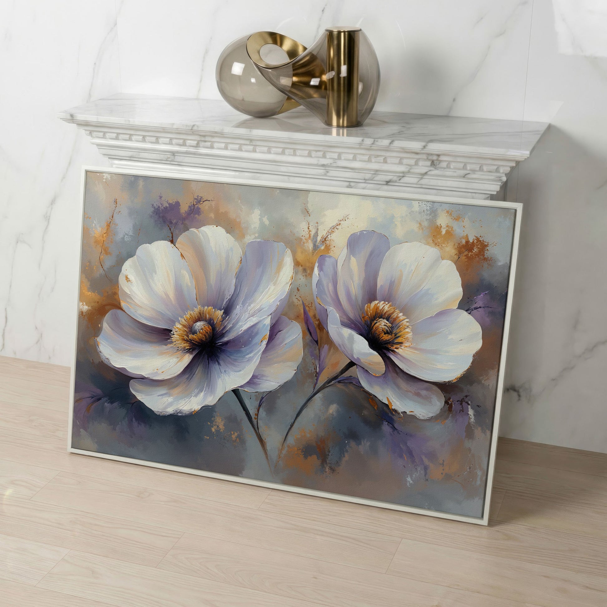 White and Purple Floral Canvas Print with Gold Accents in white floating frame