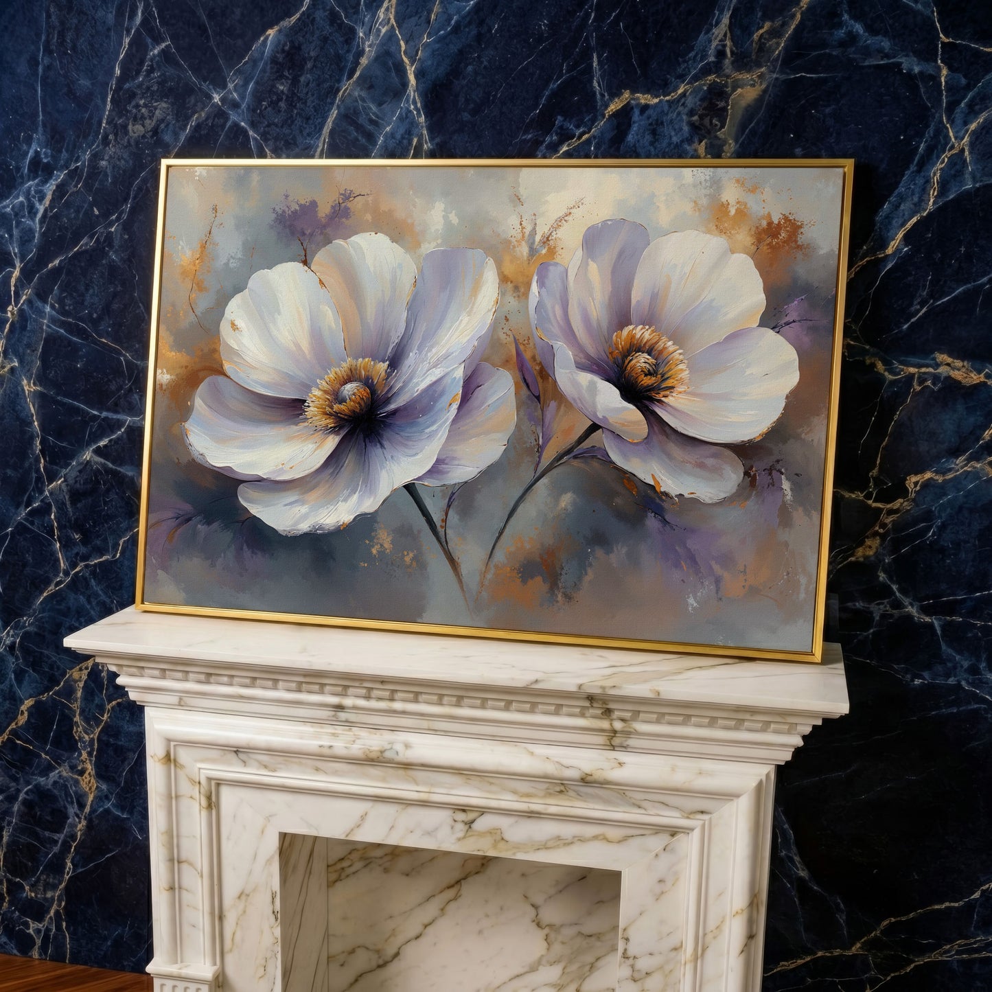 White and Purple Floral Canvas Print with Gold Accents in yellow gold floating frame
