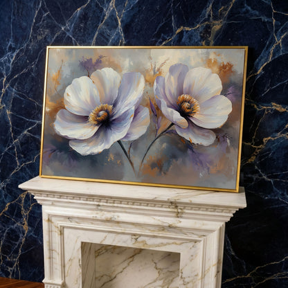 White and Purple Floral Canvas Print with Gold Accents in yellow gold floating frame