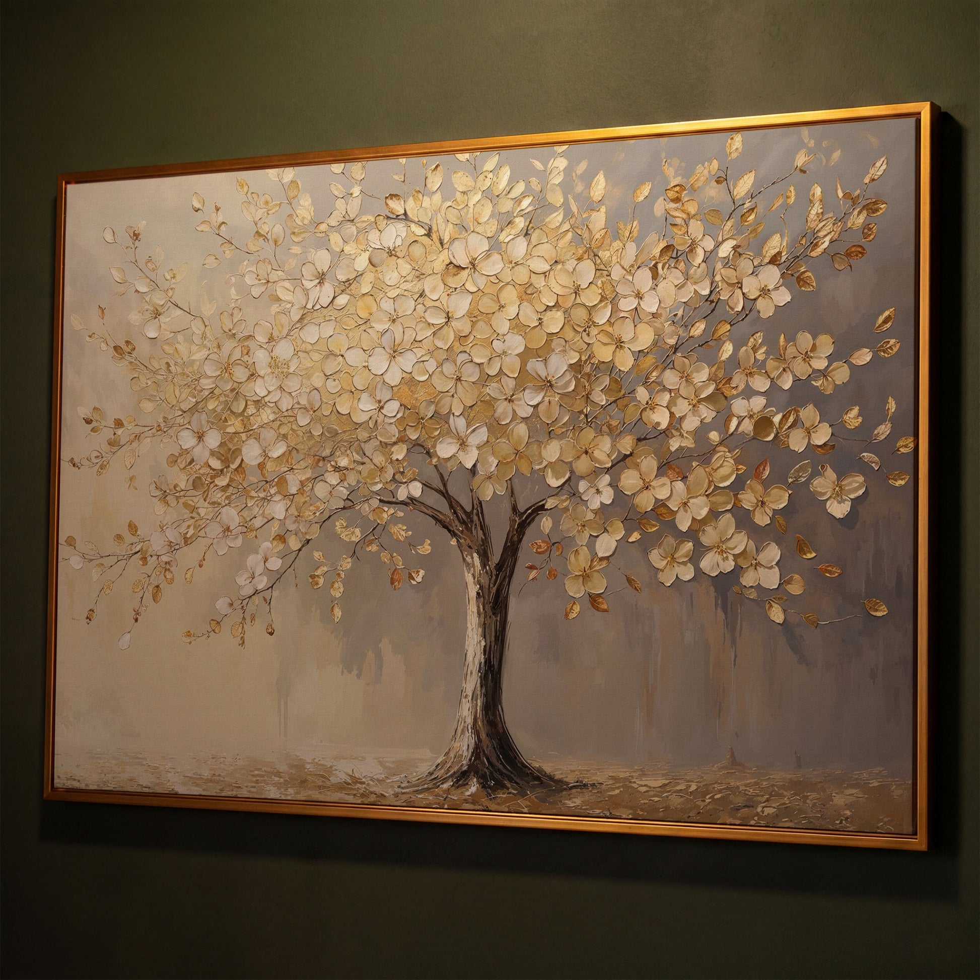 Golden Blossom Tree Canvas Print shown in antique gold floating frame