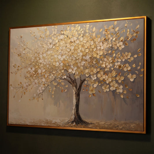 Golden Blossom Tree Canvas Print shown in antique gold floating frame