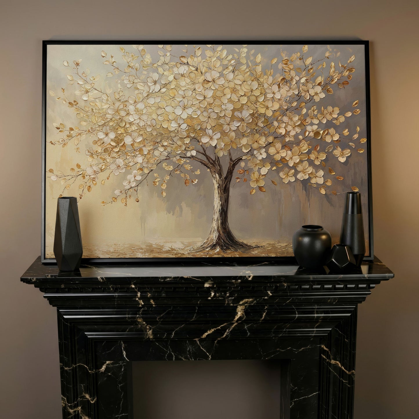 Golden Blossom Tree Canvas Print in black floating frame