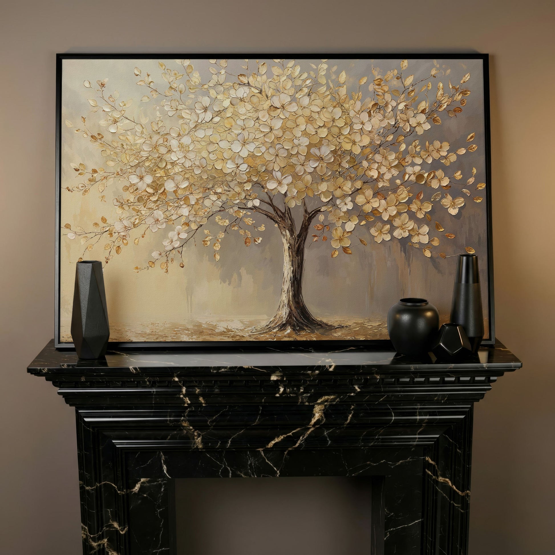 Golden Blossom Tree Canvas Print in black floating frame