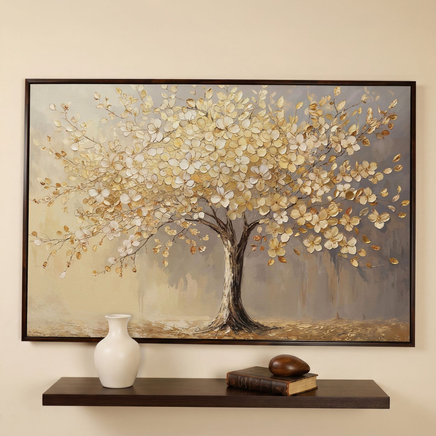 Golden Blossom Tree Canvas Print in dark walnut floating frame