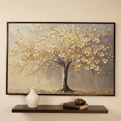 Golden Blossom Tree Canvas Print in dark walnut floating frame