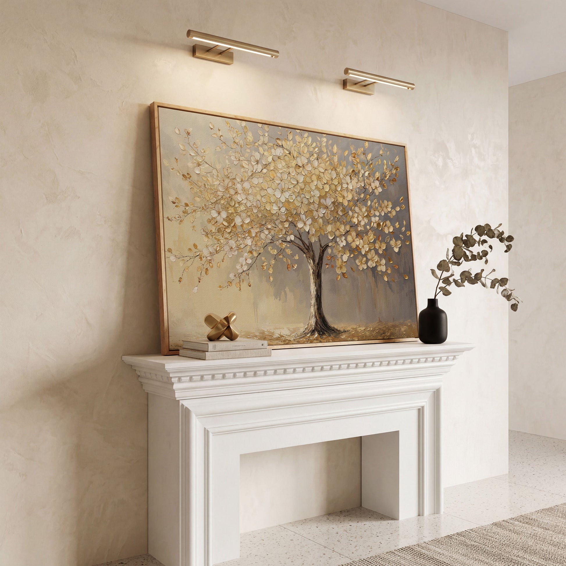 Golden Blossom Tree Canvas Print in white oak floating frame