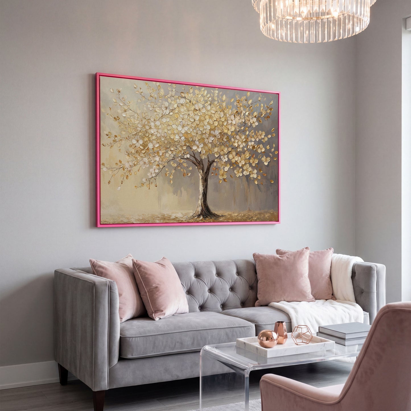 Golden Blossom Tree Canvas Print in pink floating frame
