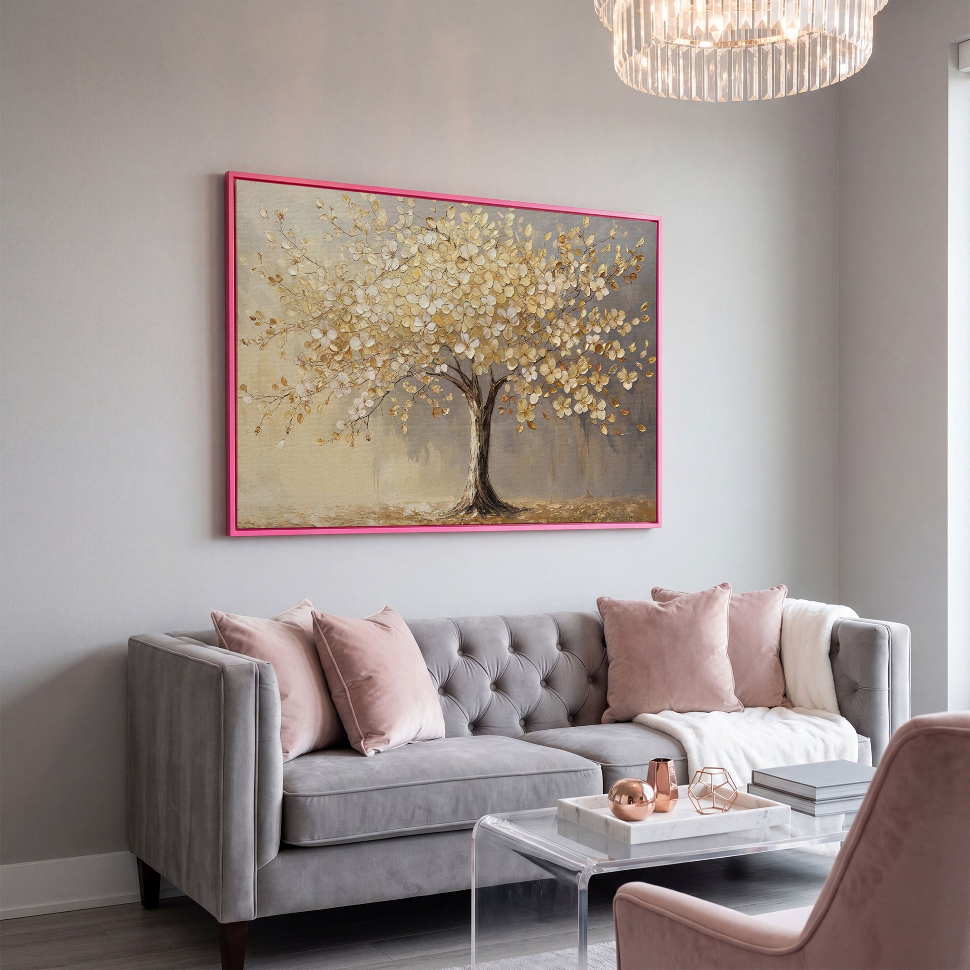 Golden Blossom Tree Canvas Print in pink floating frame