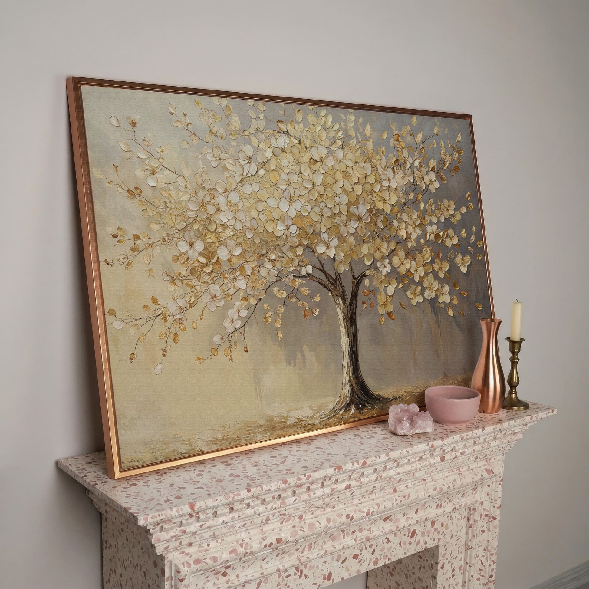 Golden Blossom Tree Canvas Print in rose gold floating frame