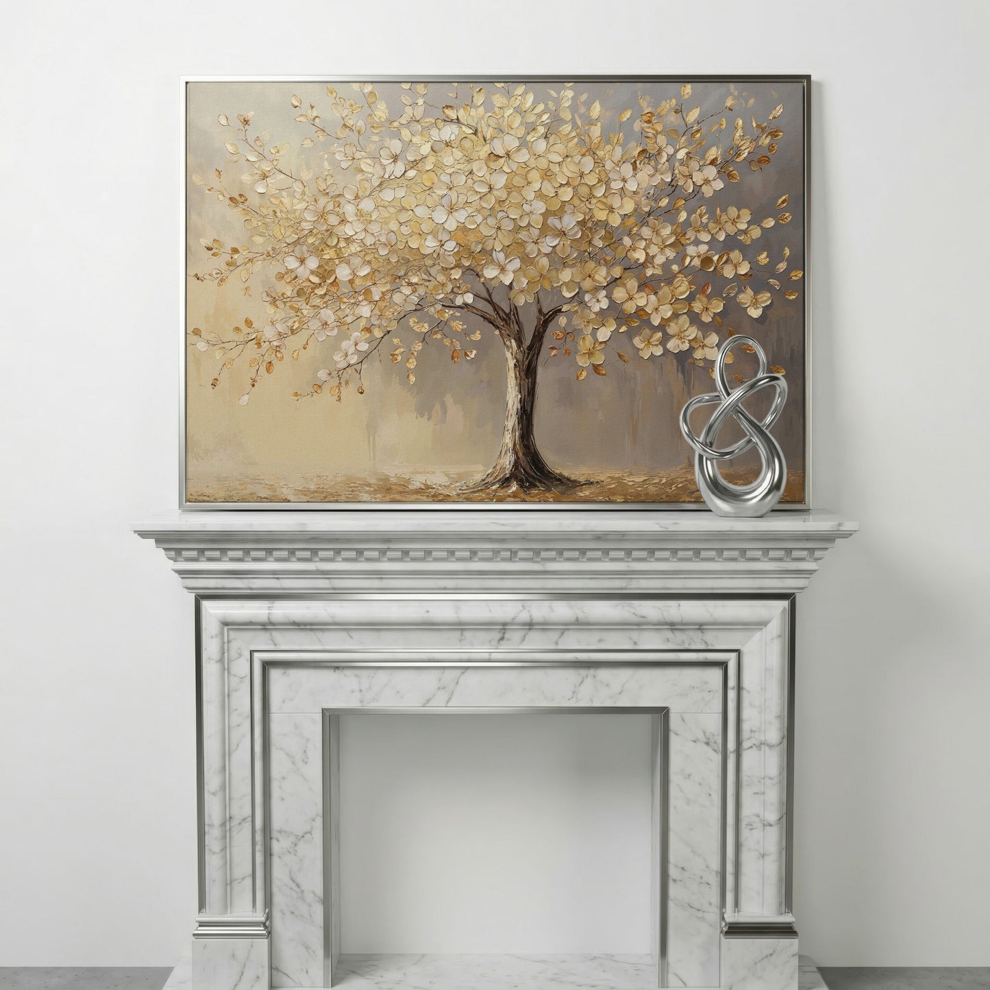 Golden Blossom Tree Canvas Print in silver floating frame