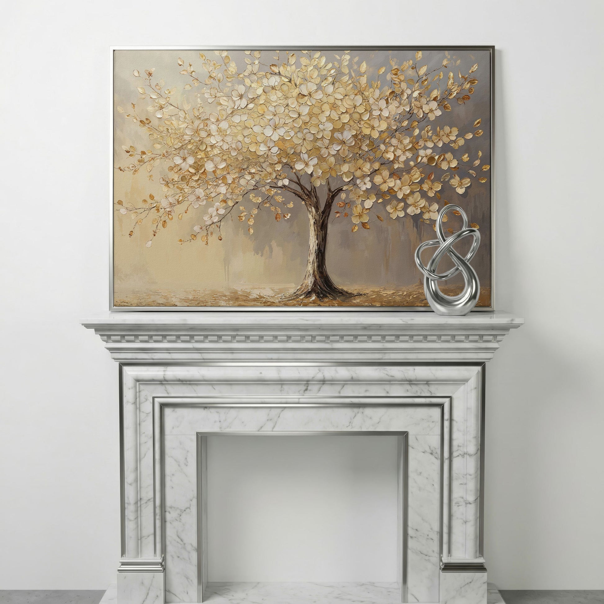 Golden Blossom Tree Canvas Print in silver floating frame
