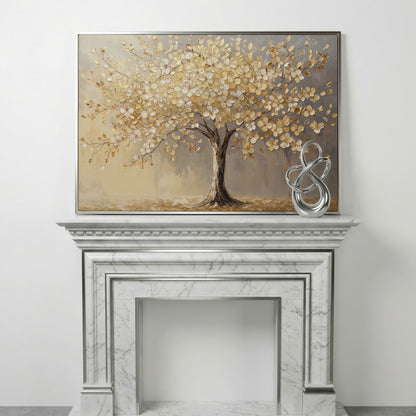 Golden Blossom Tree Canvas Print in silver floating frame