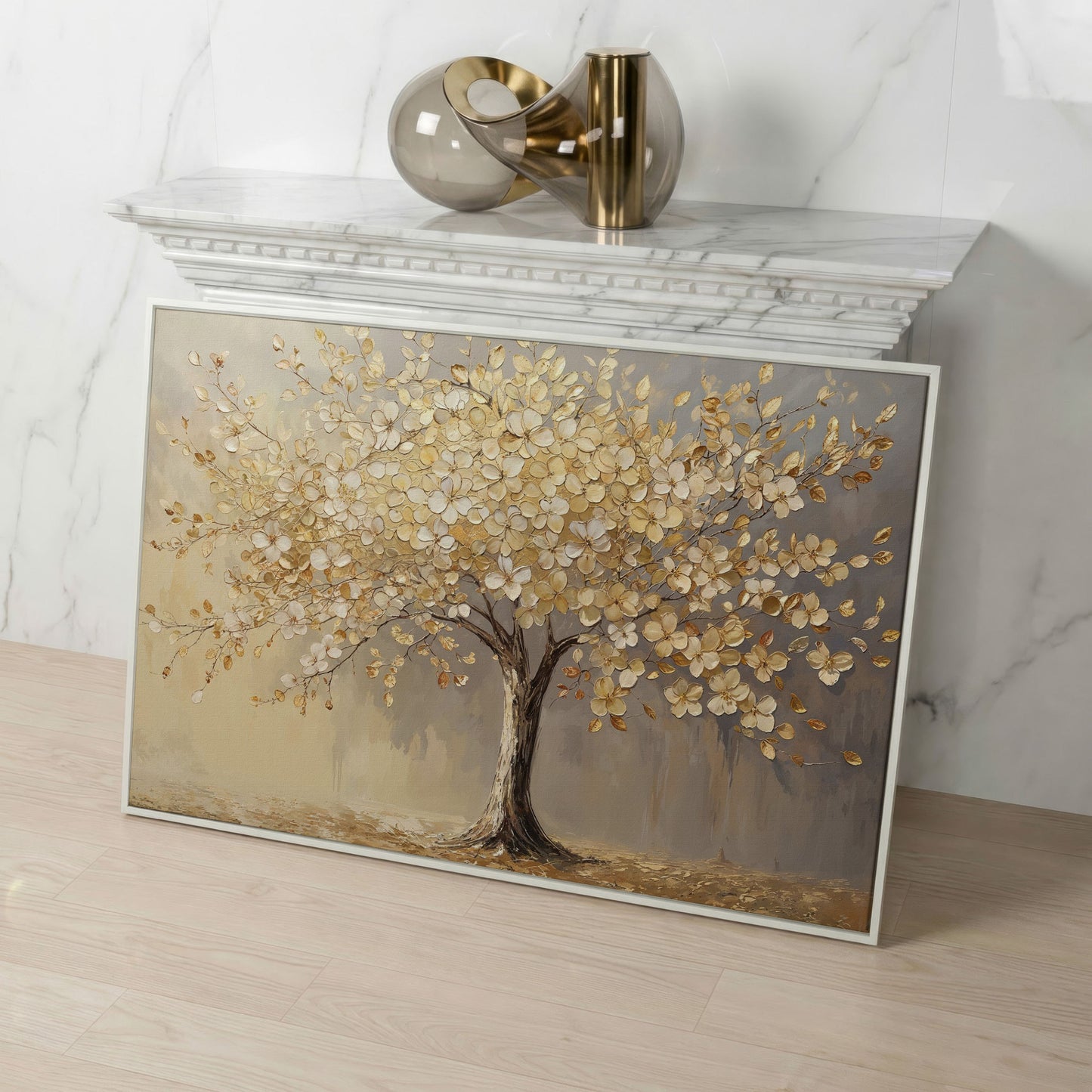 Golden Blossom Tree Canvas Print in white floating frame