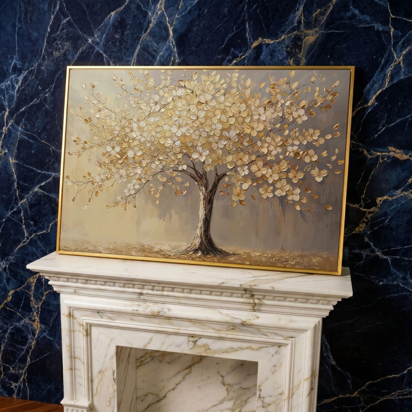 Golden Blossom Tree Canvas Print in yellow gold floating frame