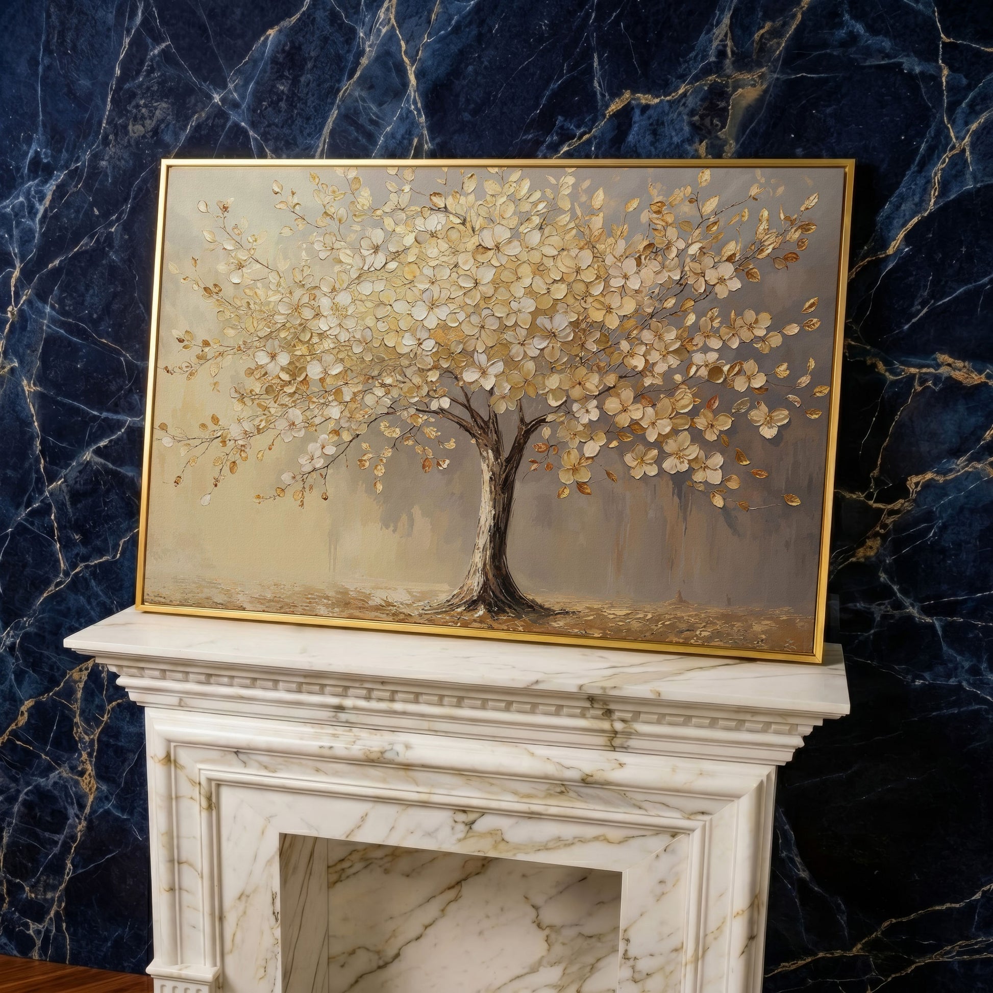 Golden Blossom Tree Canvas Print in yellow gold floating frame