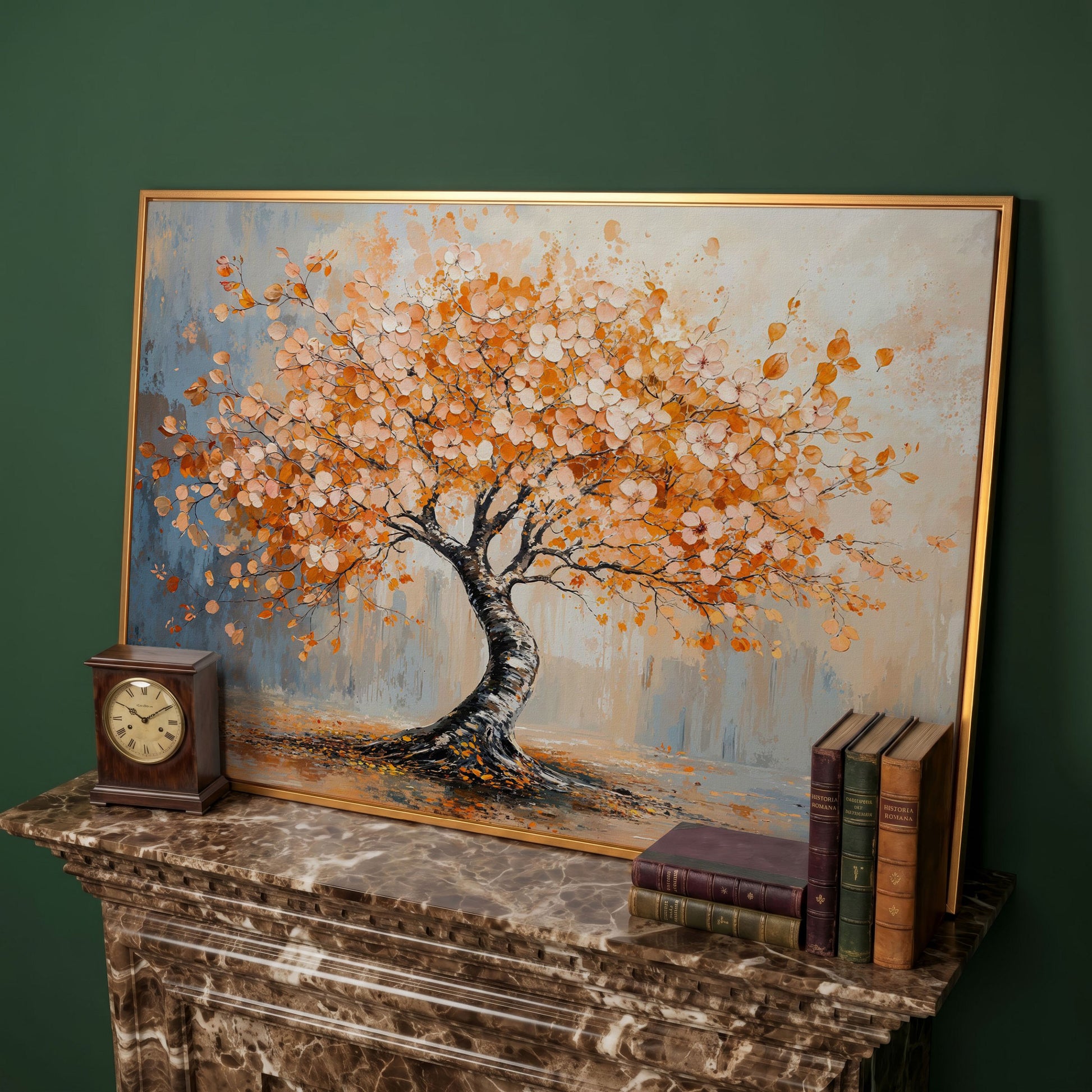 Autumn Tree Canvas Print in Burnt Orange & Dusty Blue in antique gold floating frame