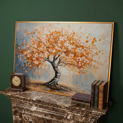 Autumn Tree Canvas Print in Burnt Orange & Dusty Blue in antique gold floating frame