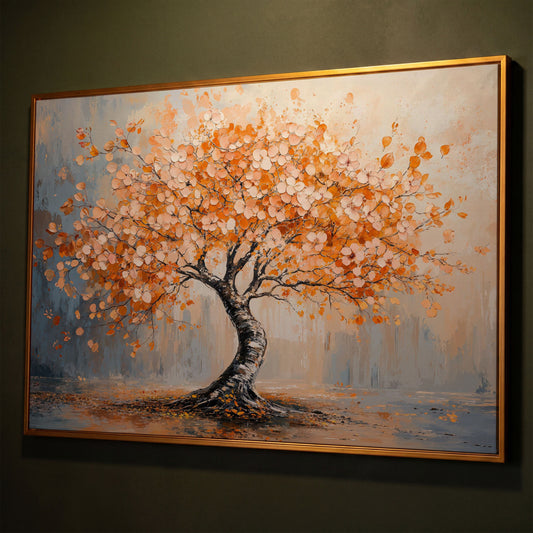 Autumn Tree Canvas Print in Burnt Orange & Dusty Blue shown in antique gold floating frame