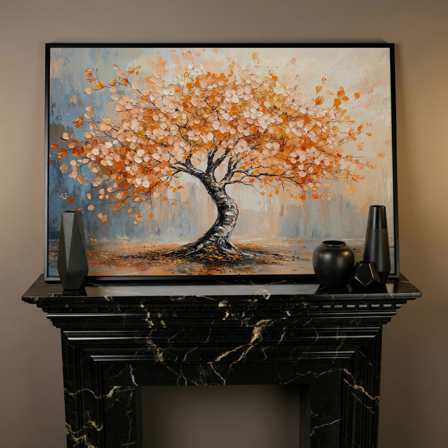 Autumn Tree Canvas Print in Burnt Orange & Dusty Blue in black floating frame