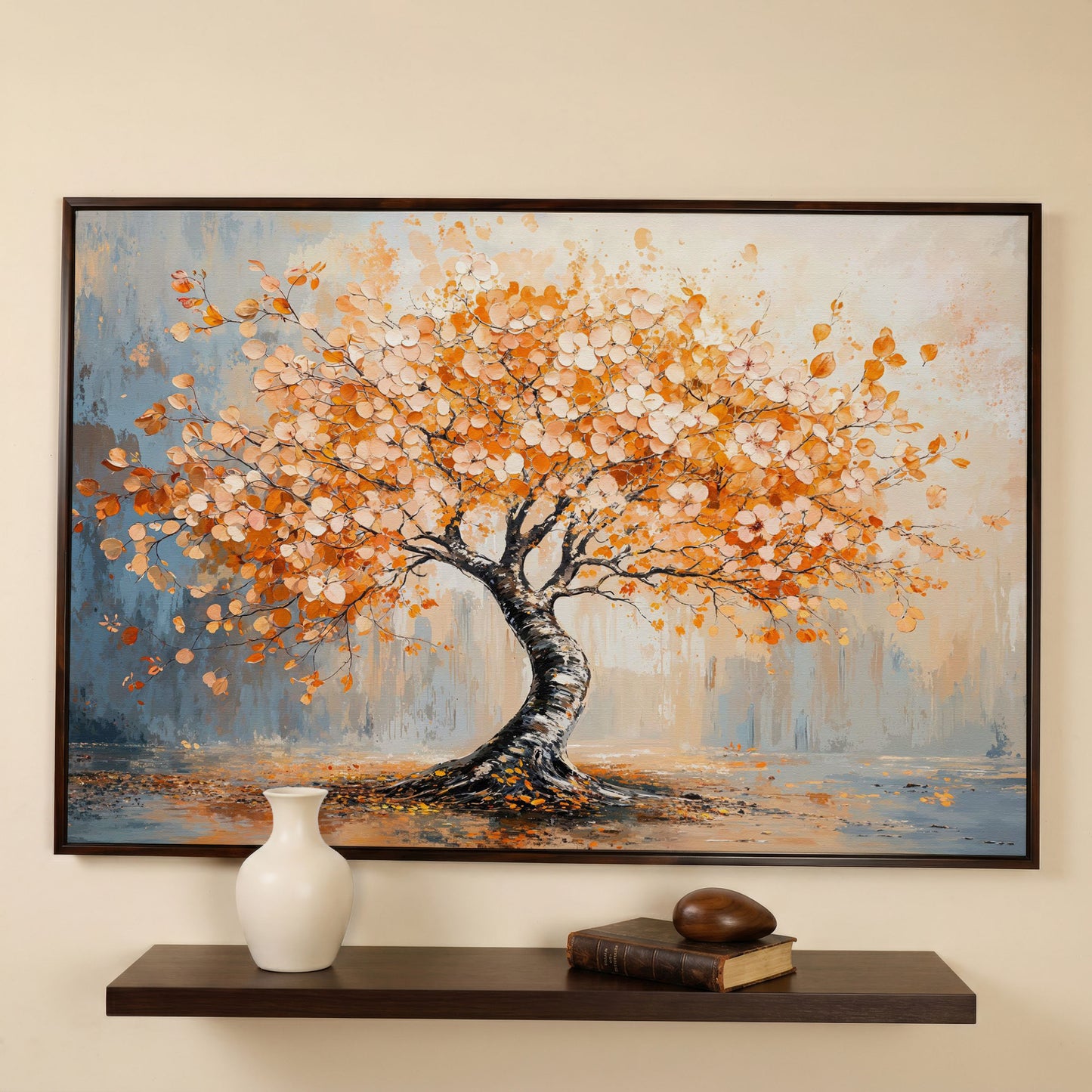 Autumn Tree Canvas Print in Burnt Orange & Dusty Blue in dark walnut floating frame