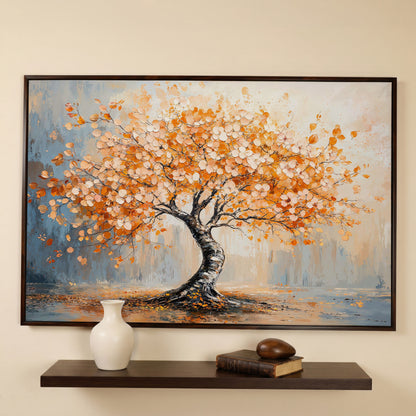 Autumn Tree Canvas Print in Burnt Orange & Dusty Blue in dark walnut floating frame