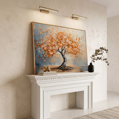 Autumn Tree Canvas Print in Burnt Orange & Dusty Blue in white oak floating frame