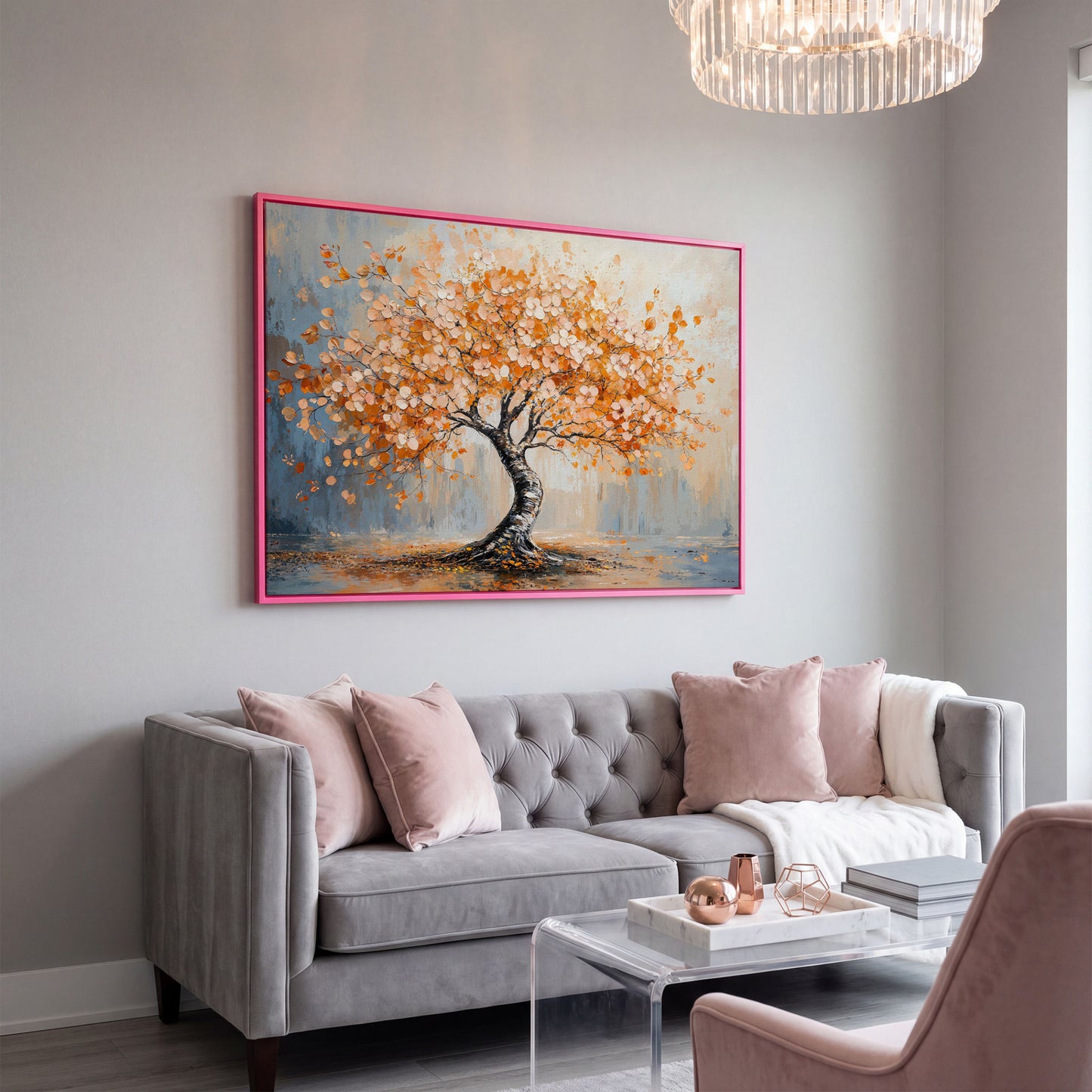 Autumn Tree Canvas Print in Burnt Orange & Dusty Blue in pink floating frame
