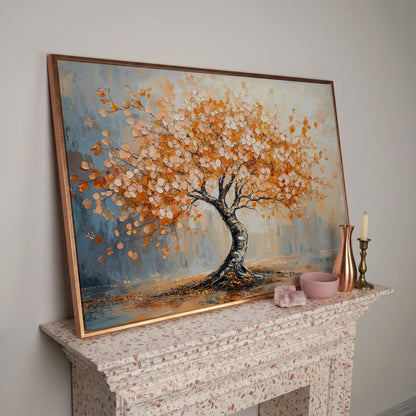 Autumn Tree Canvas Print in Burnt Orange & Dusty Blue in rose gold floating frame