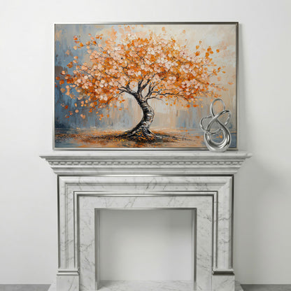 Autumn Tree Canvas Print in Burnt Orange & Dusty Blue in silver floating frame