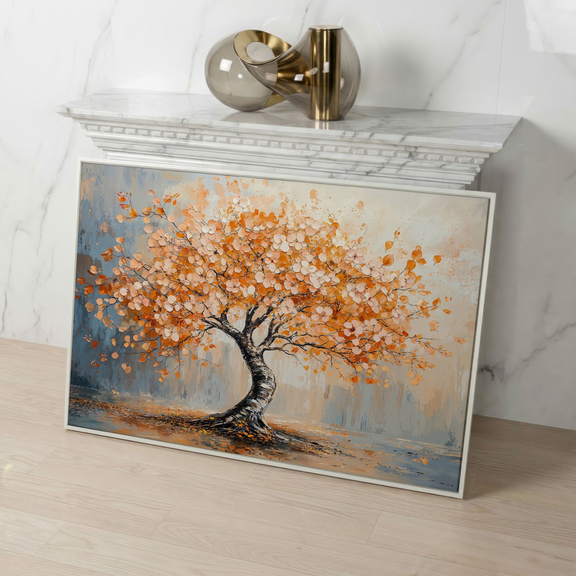 Autumn Tree Canvas Print in Burnt Orange & Dusty Blue in white floating frame