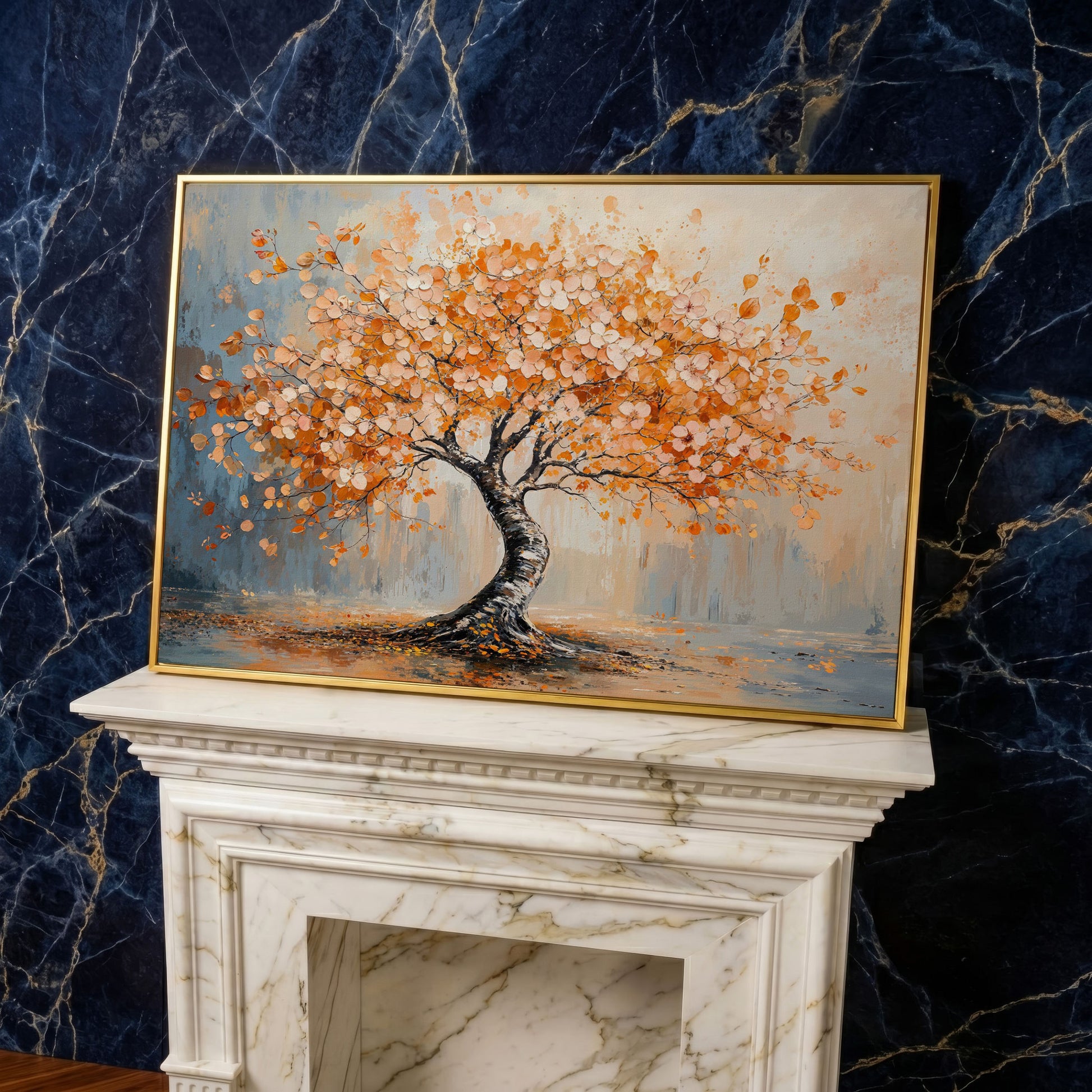 Autumn Tree Canvas Print in Burnt Orange & Dusty Blue in yellow gold floating frame
