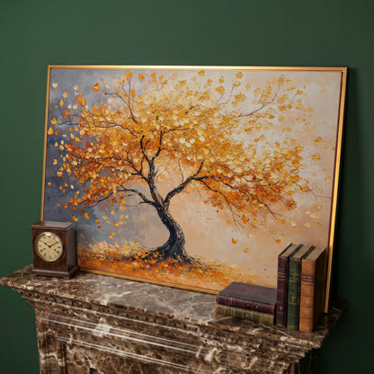 Autumn Tree with Golden Leaves Canvas in antique gold floating frame